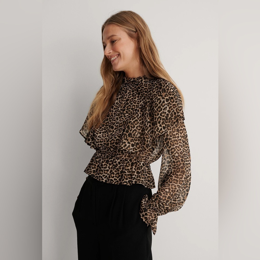 Leopard Print Ruffle Mock Neck Blouse - Brown